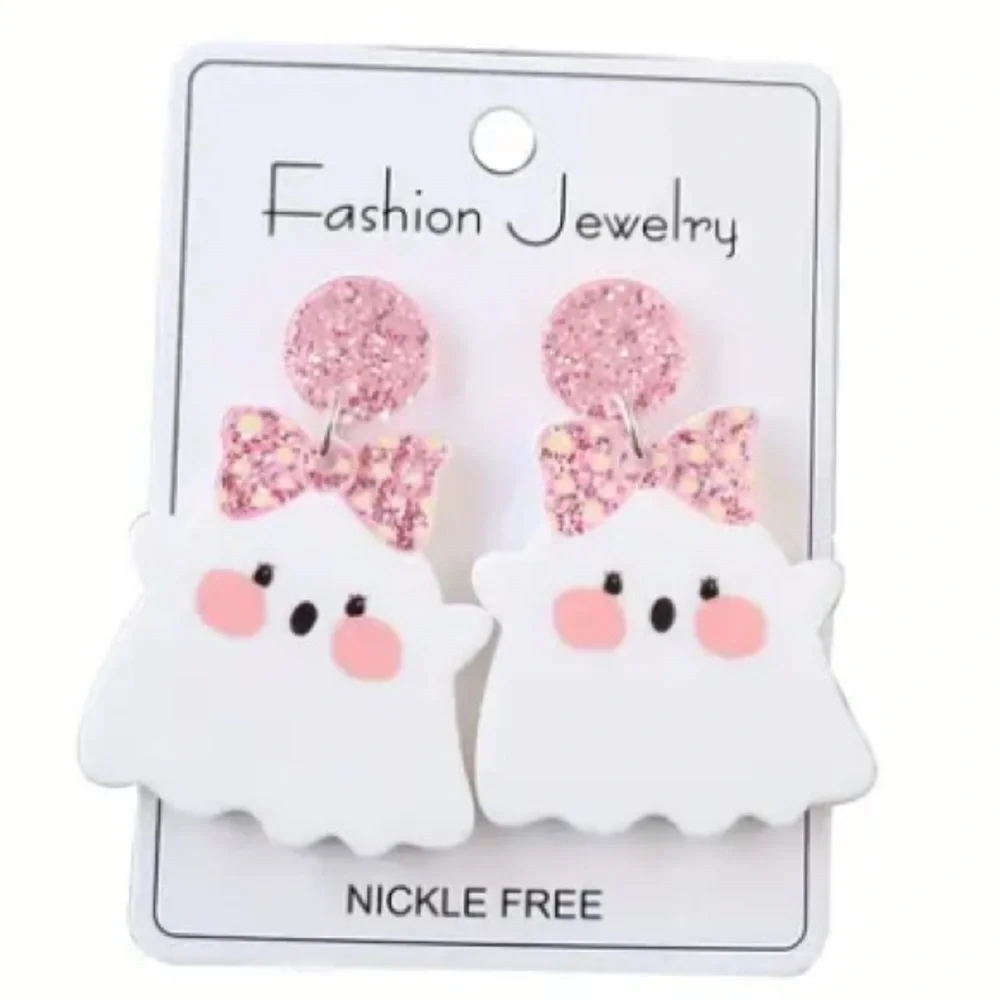 Cute Ghost Earrings with Pink Glitter Bows